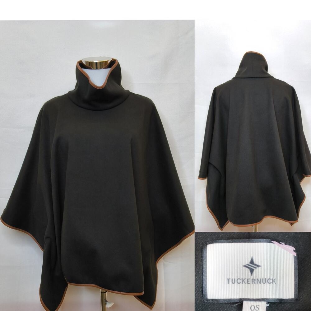 Tuckernuck Piper Poncho One Size Black Funnel Neck Leather Trim #W4829 - Picture 1 of 9
